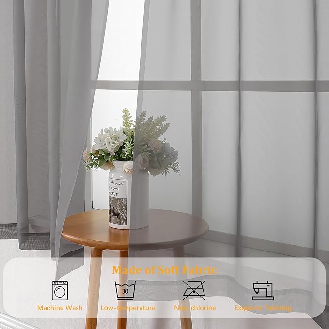 Gwine Charcoal Grey Sheer Curtains 90 Inches Long 2 Panels Set, Light Filtering Solid Filmy Drapes for Living Room Bedroom, Elegant Soft Rod Pocket Voile Sheer Window Curtains, 42Wx90L Inch, 2PCS