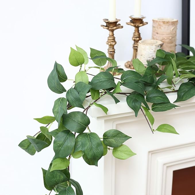 Mizii 2 Strands Artificial Scindaps Vines Garland 73" Fake Vine with Silk Green Leaves Faux Evergreen Hanging Plants Greenery Decoration for Party Wedding Bedroom Home Wall Room Decor (Scindapsus)