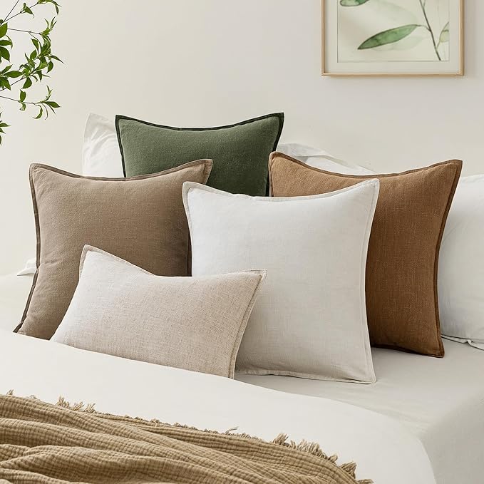 EMEMA Decorative Linen Throw Pillow Covers 24x24 Inch Natural Beige Boho Farmhouse Neutral Couch Throw Pillows for Bed Pack of 2 Accent Pillowcase Modern Sofa Cushion Livingroom Home
