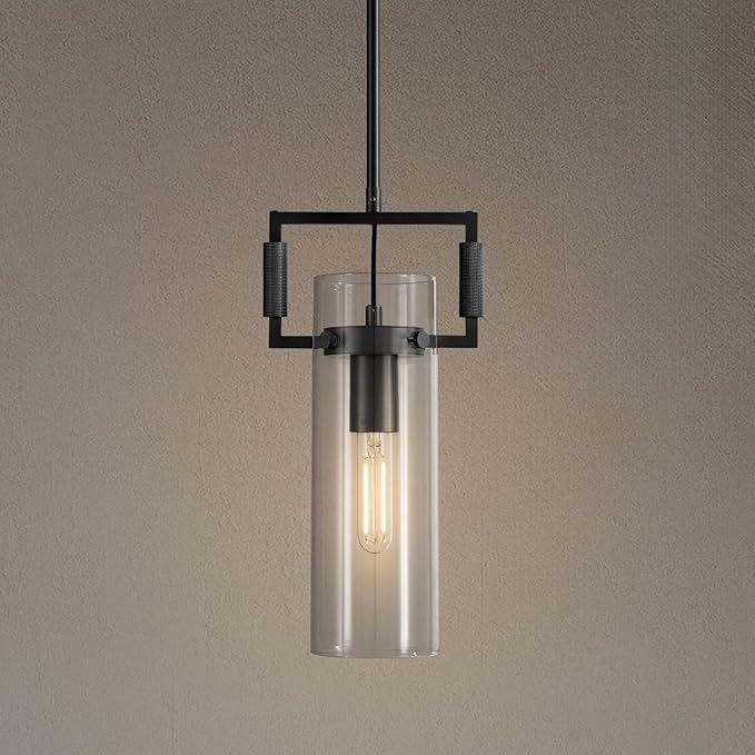 Modern Black Kitchen Island Pendant Lights, 12 Inch 1-Light Adjustable Pendant Light with Glass Shade & Brass Finish, Hanging Light Fixture for Kitchen, Dining Room,Bathroom, Living Room