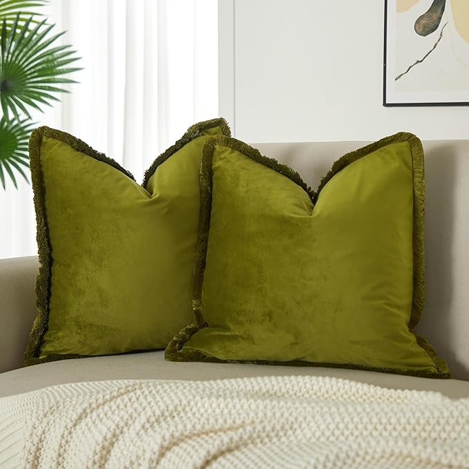 JUSPURBET Olive Green Decorative Velvet Fringe Throw Pillow Covers 22x22 Set of 2 Boho Soft Cushion Case for Home Decor Living Room Couch Sofa Bed