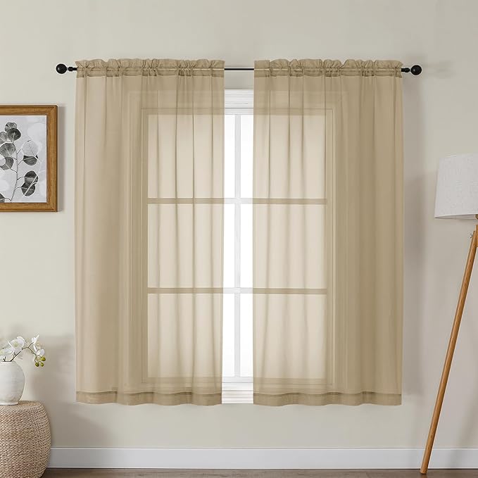 Gwine Taupe Sheer Curtains for Bedroom 54 inches Long 2 Panels, Light Filtering Voile Rod Pocket Curtains, Airy Transparent Sheer Drapes for Living Room, Each 42" Wx54 L