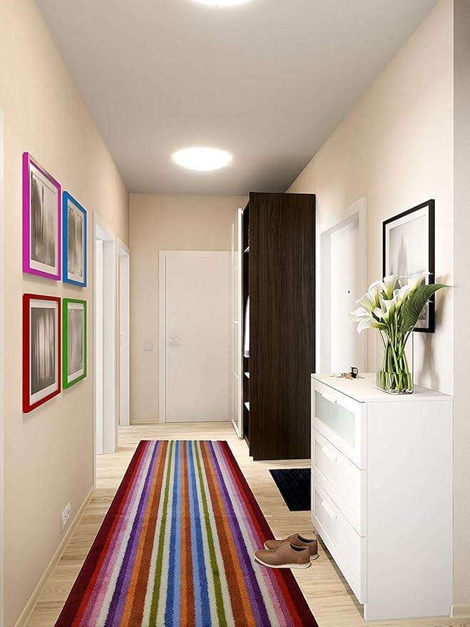 Custom Size Hallway Runner Rug, Slip Resistant, 26 Inch Wide X Your Choice of Length, Stripes Colorful, 26 Inch X 4 Feet, Doormat Size