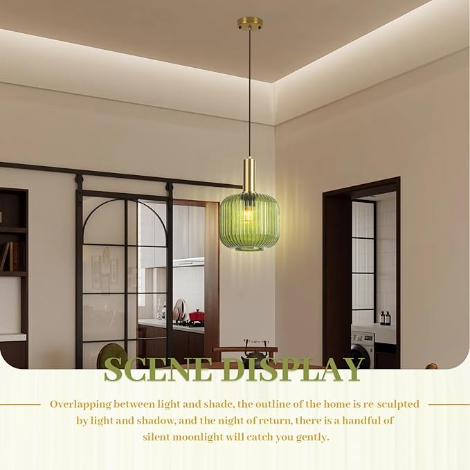 Green Glass Pendant Light Vintage Kitchen Pendant Lighting Over Island Sink Mid Century Modern Gold Hanging Pendant Light Fixture for Bedroom Living Room Dining Room