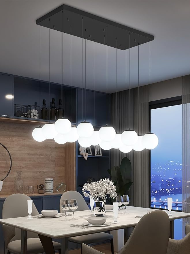 Modern Rectangular Chandelier,15 Lights White Globe Chandelier Lighting,Industrial Linear Pendant Light Fixture for Dining Living Room Kitchen Island