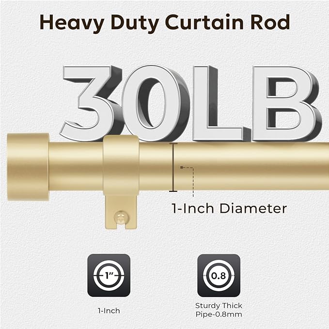Zeerobee Curtain Rods for Windows 66 to 120, Gold Curtain Rod, Adjustable 1 Inch Heavy Duty Outdoor/Indoor Modern Drapery Pole, 32"-120"