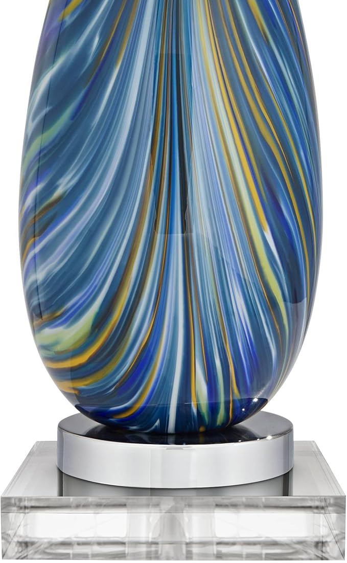 Possini Euro Design Pablo Modern Style Table Lamp with Clear Square Riser 28.5" Tall Multi Blue Art Glass White Drum Shade for Living Room Bedroom House Bedside Nightstand Home (Color May Vary)