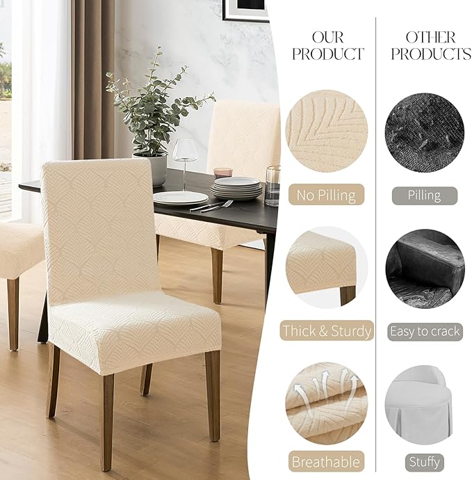 MOSAYT 100% Waterproof Dining Room Chair Covers Set of 6, Super Fit Stretch Jacquard Parson Chairs Slipcovers Removable Washable Chair Seat Protectors for Home, Kitchen, Banquet (Beige)
