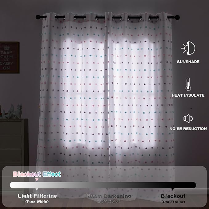 MYSKY HOME White Curtains for Girls Bedroom Rainbow Pom Pom Sheer Curtain 63 Inches Length Thermal Insulated Nursery Curtains Room Darkening Short Kitchen Drapes Grommet, 52" x 63", 2 Panels