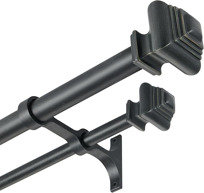 Double Curtain Rods for Windows 72 to 144 Inches, Heavy Duty Double Curtain Rod with Square Retro Finials and Double Aluminum Bracket, Adjustable Double Rod for Curtains,Antique Black