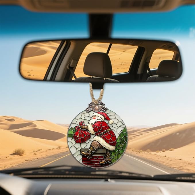 Stained Glass Christmas Decorations, Santa Claus Climbing The Chimney Suncatcher for Window Christmas Tree Hanging Ornaments Sun Catcher Xmas Decor Gifts for Women Men Mom Nana Friend