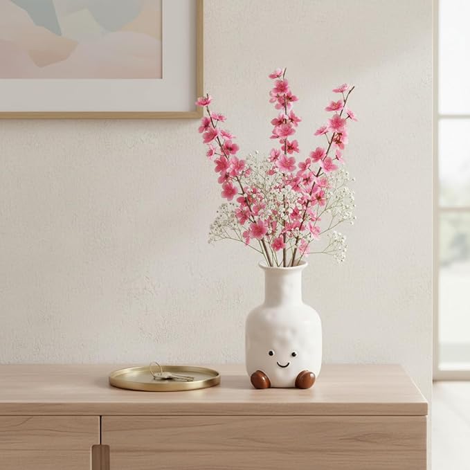 Cute Smile Face Vase – White Ceramic Cute Flower Vase for Home Decor, Modern Decor Vase for Living Room Bedroom, for Women Friends Family