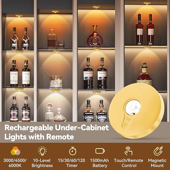Yiliaw Rechargeable Puck Lights with Remote, 12 Pack Magnetic Under Cabinet Lighting, 1500mAh Battery Operated LED Tap Lights with Dimmer & Timmer for Kitchen, Closet, Shelf - 3 Color Temps, Gold