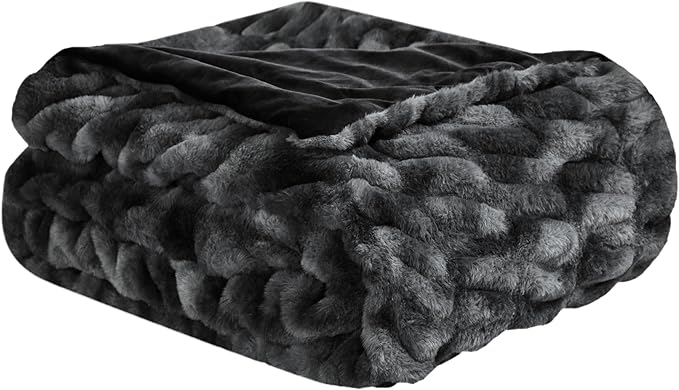 WDCOZY Ruched Faux Fur Throw Blanket Soft Cozy Fluffy Luxurious Blankets Couch Bed Sofa Chair Home Decor Warm Furry Fall Winter Plush Rabbit Fur Bubble Blanket 50" x 60", Dark Grey