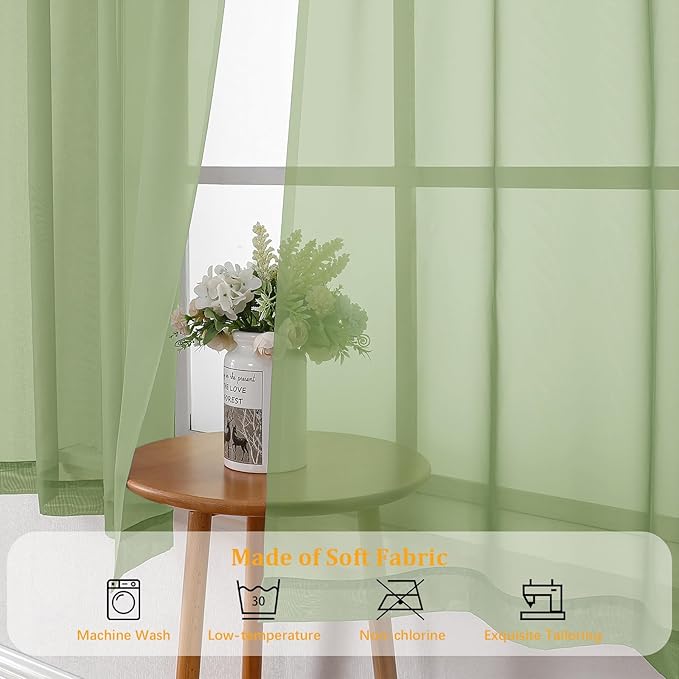 Gwine Light Green Sheer Curtains for Living Room 45 inches Long, Short Voile Light Filtering Window Treatments Sheer Curtains for Bedroom, Half Window Drapes with Rod Pocket, Each 42" Wx45 L