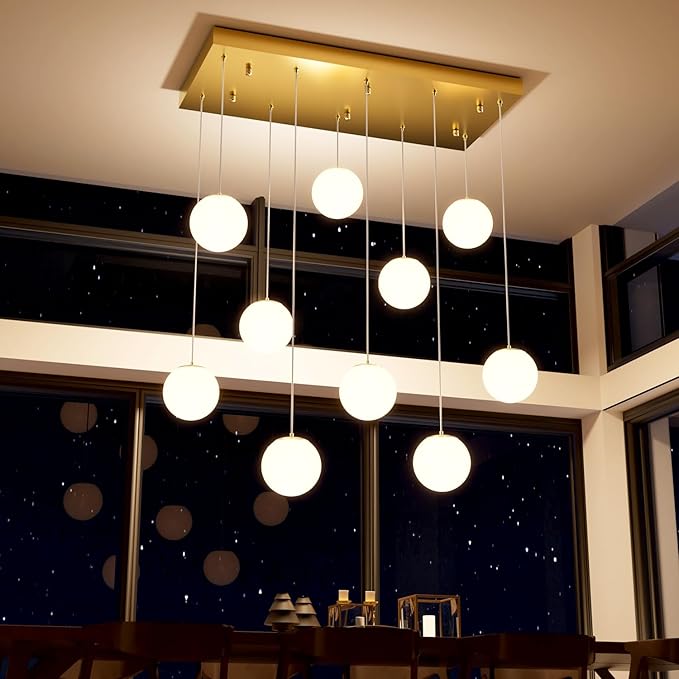 10-Lights Globe Chandelier Gold Pendant Lighting Fixture Hanging Ceiling Light for Dining Room, Kitchen Island,High Ceiling Chandelier Glass Ball Hanging Lighting for Living Room Staircase Entryway