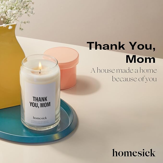 Homesick Thank You Mom Candle – 13.75 oz Scented Candle in Sage Sandalwood Soy Wax Blend, Non-Toxic, 80 Hr Burn with Organic Cotton Wick, Reusable Jar – Best Wedding & Engagement Gifts for Couples