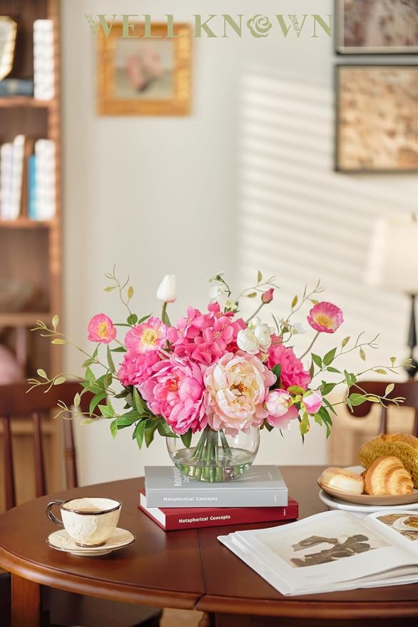 Artificial Flowers in Vase, WELL KNOWN Silk Hydrangea Bouquet and Peonies Artificial Flowers Table Centerpieces with Faux Water for Home Decor Fake Tulips Flower Arrangements for Table Decor (Fuchsia)