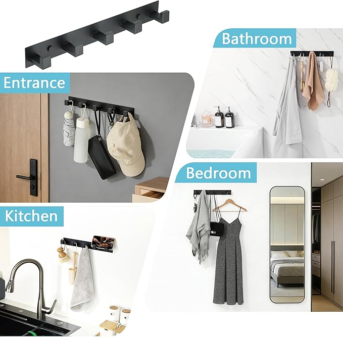 Alise Coat Hooks Wall Mount,Hat and Coat Rack with 5 Hooks Wall Mount Key Hooks for Robes,Bags,Keys,and Towels,SUS304 Stainless Steel Wall Hooks for Hanging,Self Adhesive or Drilling,Matte Black