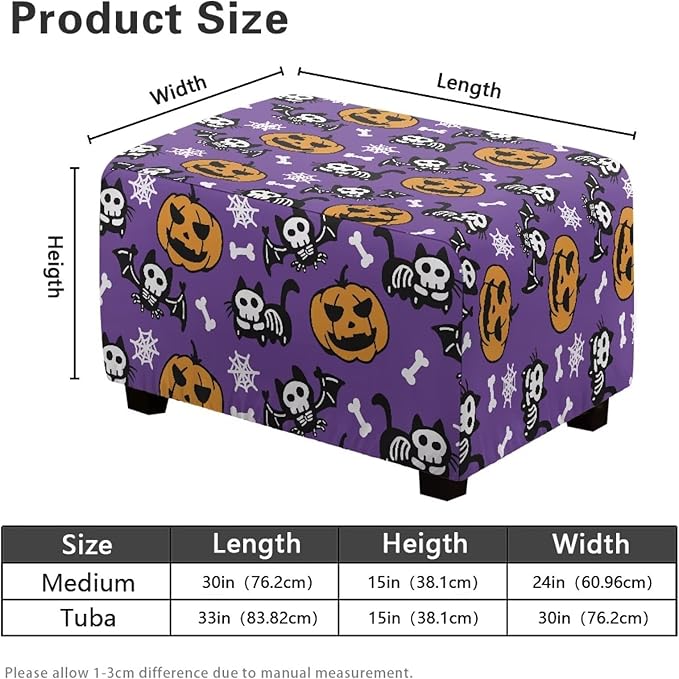 Spooky Halloween Ottoman Cover with Pumpkins, Bats & Ghosts - Stretchable, Form-Fit Slipcover for Rectangular Footstools, Easy Install & Care (33x30x15 Inch)