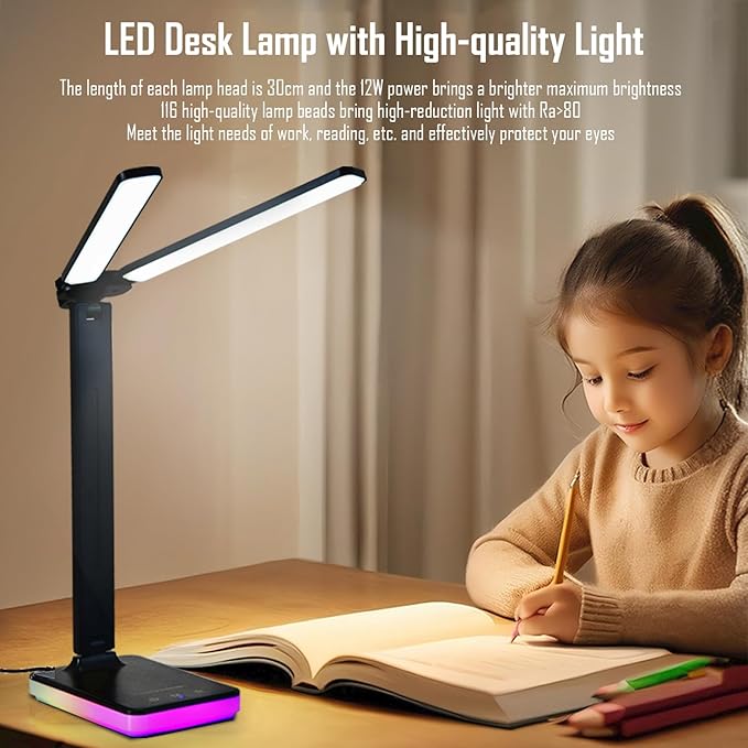 LED Double Head Desk Lamp with RGB Atmosphere Light, 5W USB Output, 5 Color Temp, Slide Steplessly Adjust Brightness, Touch Control, Foldable Table Light with Adapter (Black)