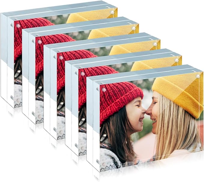 ILYXY 5 Pack Acrylic Frame 6x8, 20% Thicker, 24mm Thick Frameless Clear Picture Frame, Double Sided Magnetic Photo Frame, Free Standing Desktop Display Stand Acrylic Picture Frames