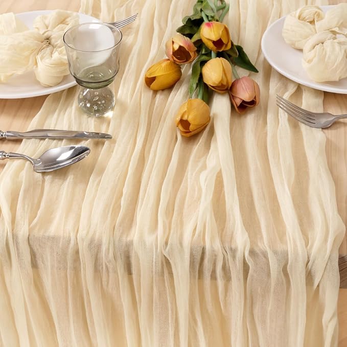 MLMC 8 Pack Beige Cheesecloth Valentines Table Runner 10ft Cream Rustic Gauze Cheese Cloth Table Runner 35x120 Inches for Wedding Baby Bridal Shower Boho Home Decor