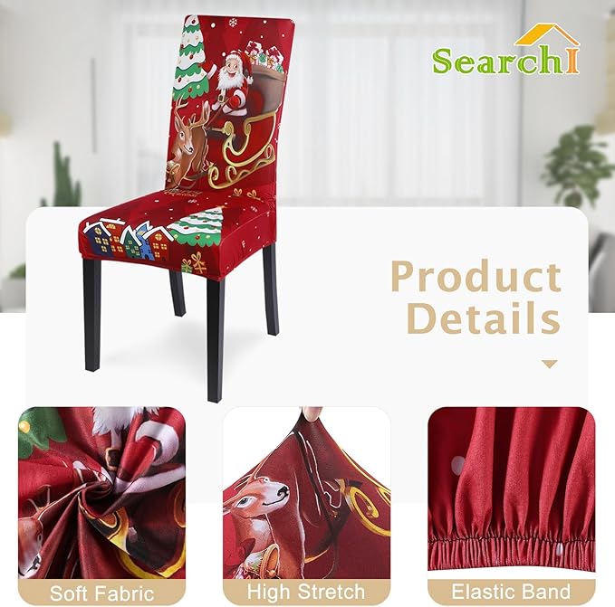SearchI Christmas Chair Covers Set of 6, Stretch Xmas Kitchen Chair Cover Removable Washable Holiday Parsons Chair Slipcovers for Dining Room, Christmas Decoration, Ceremony(Santa Claus+Elk)