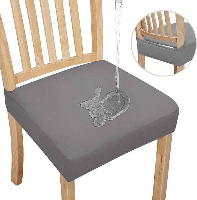 Easy-Going 100% Waterproof Seat Covers for Dining Room Chairs Set of 6, Stretch Chair Seat Slipcovers Protector Removable and Washable Kitchen Dining Chair Covers, Light Gray