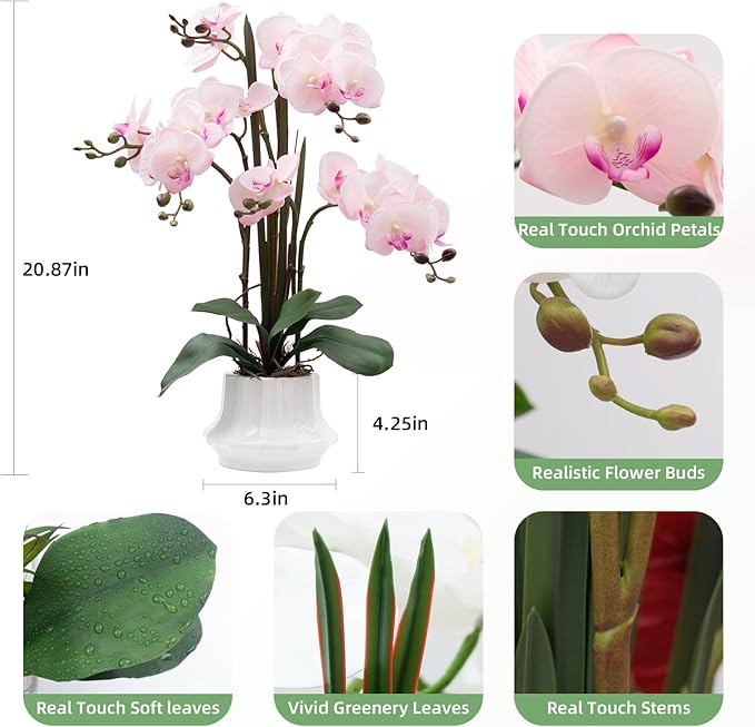 CXGS Artificial Orchid Flower Plant 20.9'' Real Touch Faux Orchids in Ceramic Vase Pink Fake Phalaenopsis Flower Arrangement Silk Orchids with Stems for Centerpiece Table Home Indoor Decor
