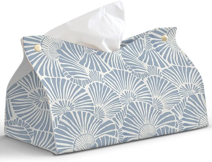 Light Blue Shell Leather Tissue Box Cover Rectangle,Coastal Toilet Paper Box Holder,Beach House Decor Facial Paper Case for use Living Room Bathroom Kitchen Office Desk,9.8x5.9x5.9In