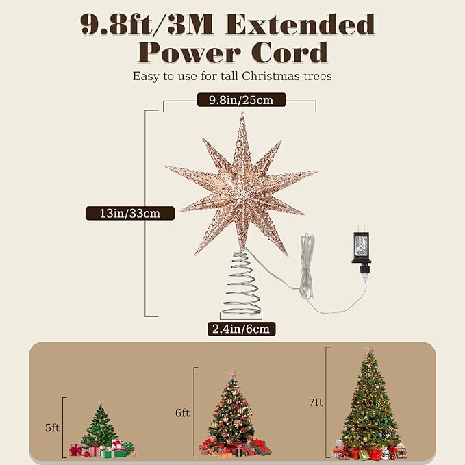 Lewondr Christmas Tree Topper Star, 13inch 10-Point Light Up Xmas Star Treetop with Plug and Remote Control for Home Christmas Decoration, 6H Timer & 8 Lighting Modes, Warm Light, Rose Gold