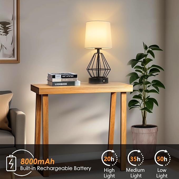 Black Cordless Lamp Set of 2,Touch Stepless Dimming,8000mAh Rechargeable Battery Table Lamp,Black Cage Frame Wireless Lamp,White Lampshade,14.7inches Tall