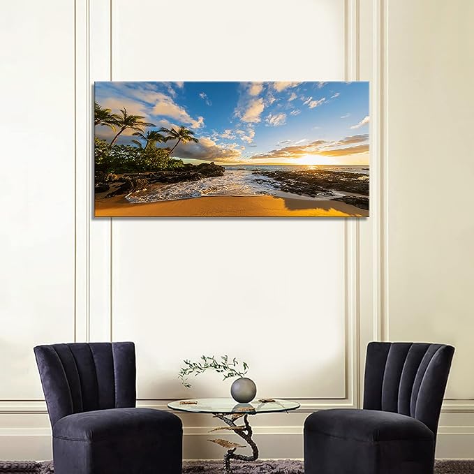 DZL Art S75475 Large Beach wall art Secret Beach at sunset, Maui, Hawaii Canvas Wall Art For Living Room Decoration Nature Picture Canvas Prints Painting for for Office Wall Decor Home Decorations