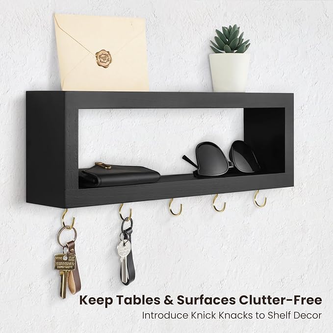 Wall Shelf with Hooks - Decorative Key and Wallet Holder for Wall Holds Sunglasses, Leashes, Scarves and Lanyards - 15.7" x 5.1" x 2.9" Entryway Organizer Made of Paulownia Wood (Black)