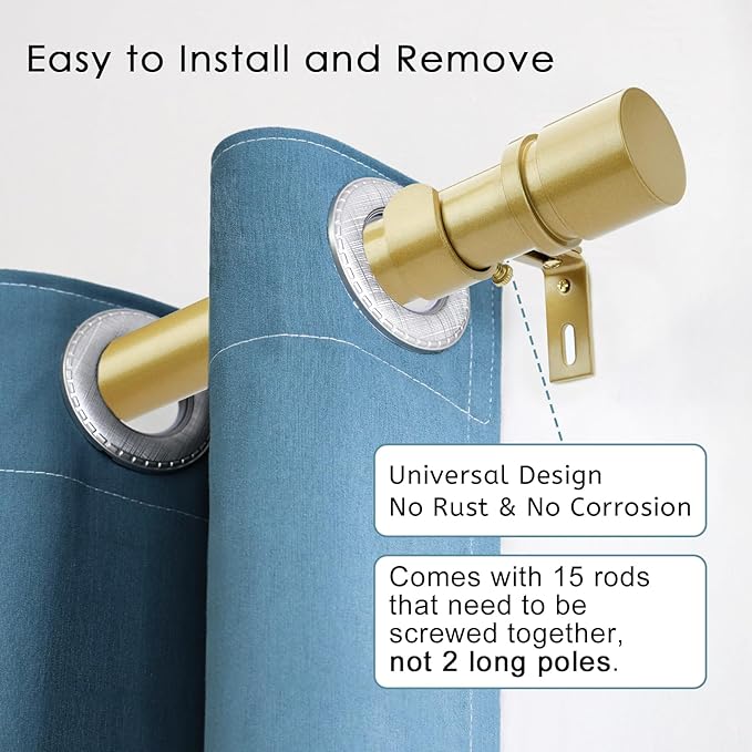 Curtain Rods for Windows 16 to 240 Inches Adjustable Length 1 Inch Diameter Window Curtain Rod with Aluminium Finials, Flash Gold