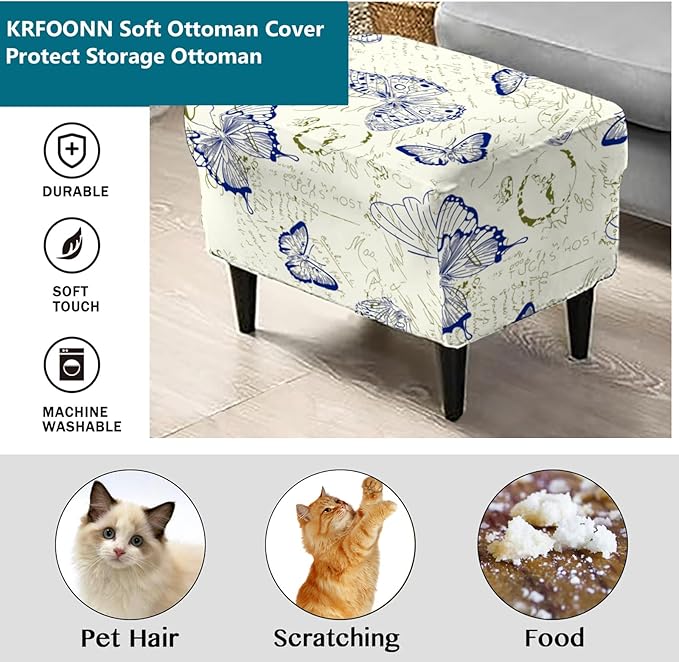 KRFOONN Stretch Ottoman Cover Slipcovers Rectangle Fit Length 39"-47" Footrest Stool Covers Printed Ottoman Cover for Foot Stool Furniture Protector with Non Slip Elastic Bottom, Color 23