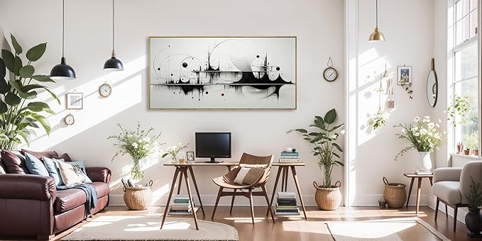 Wall Art Modern Artwork Black And White Canvas Painting Geometric Line Art Wall Decor for Living Room Bedroom Dining Room Home Office Decor 24"x48" with Framed