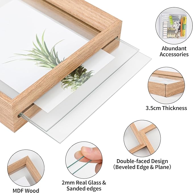 12x12 Floating Frames 2 Pack Wooden Photo Frame Double Sided Glass Picture Frame for Any Size Picture up to 12x12, Wall Mount or Tabletop Displays, Double-edged Frames, Natural