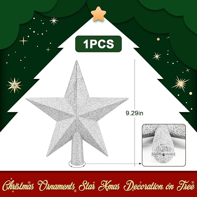 Christmas Tree Topper 10 Inch,Glitter Christmas Ornaments Star Xmas Decoration on Tree for Holiday Ornament or Home Decor(Silver)
