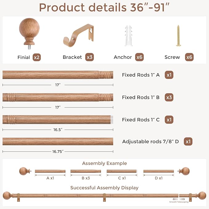 Wood Curtain Rods for Windows 48 to 84 Inch, 1 Inch Boho Decorative Vintage Drapery Rod with Faux Wooden Grain Finials, Adjustable Heavy Duty Rustic Farmhouse Spliced Metal Curtain Pole