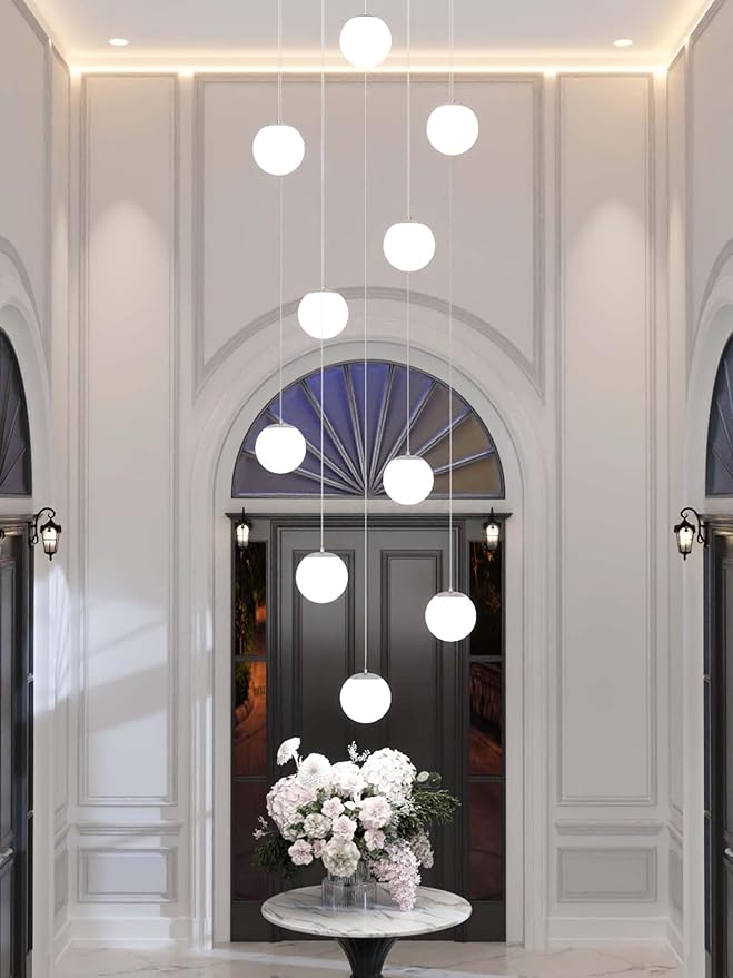 LED Staircase Chandelier Glass Globe Pendant Light Chrome Large Chandeliers for High Ceiling,10-Lights Hanging Flush Mount Lighting Fixtures for Foyer,Entryway,Living Room