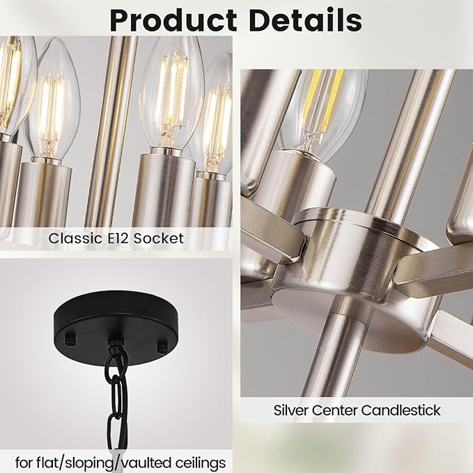 WJShome 12-Light Modern Chandelier, Large Chandeliers for High Ceilings, Farmhouse Foyer Lighting Fixtures, 3 Tier Lantern Pendant Light, Industrial Chandelier for Entryway Staircase, Black & Silver