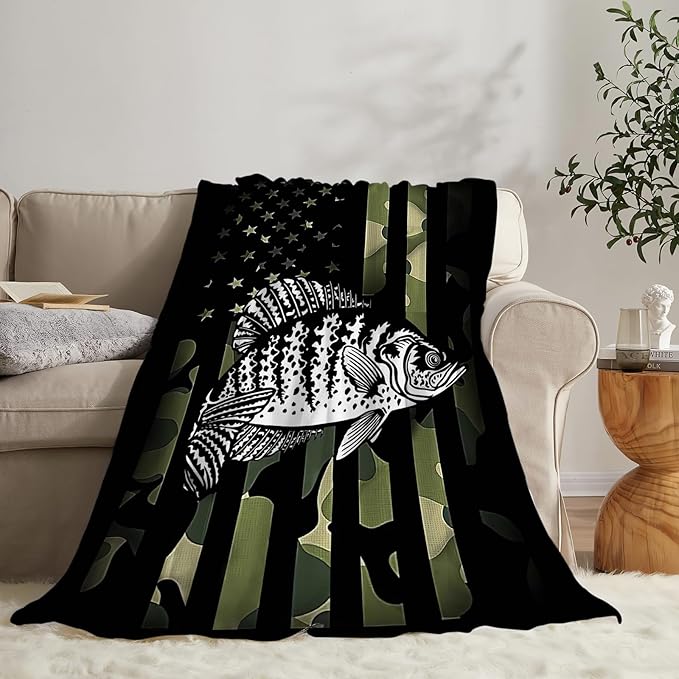 Fishing Blanket Camo American Flag Throw Blankets Plush Cozy Flannel Fleece Ultra Soft Fuzzy Fish Blanket Gifts for Girls Women Men Boys Kids Bed 50"X40"