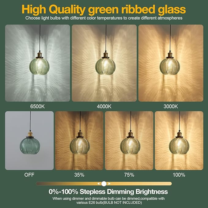 7.8in Vintage Pendant Light 2- Light Kitchen Sink Pendant Lights with Green Hand Blown Glass Small Hanging Lamp for Kitchen Island Dining Room Bedroom Bathroom Hallway E26