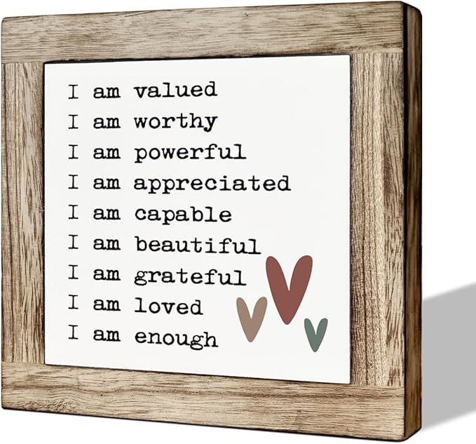 Inspirational Positive Wood Block Sign, Desk Decorations for Home Women Girl Room Office, Shelf Table Decor Art, Mental Health Gift for Women Men Self, I am Valued Worthy Powerful Signs D841