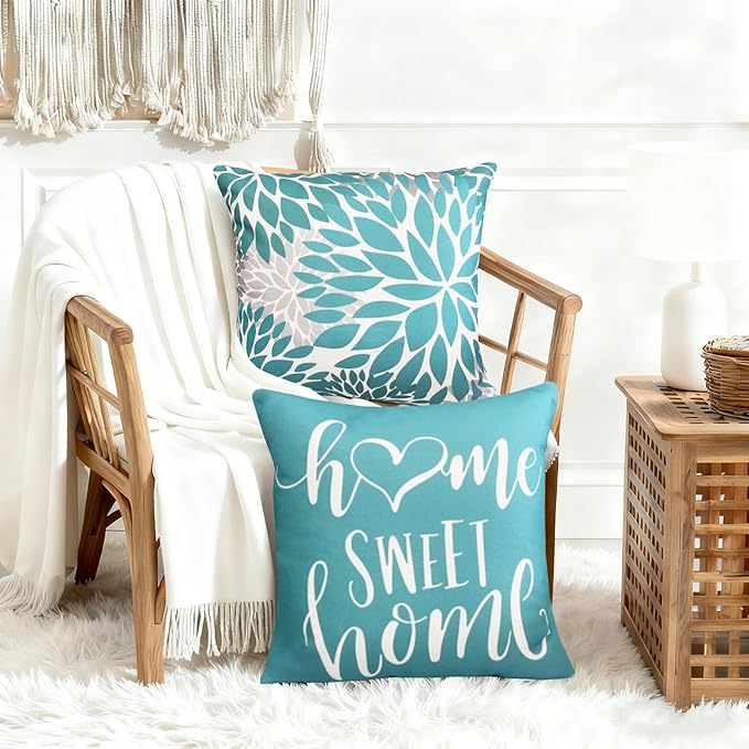 Decorative Throw Pillow Covers Set of 4 Teal Pillow Covers 16x16 inch Throw Pillow Cases Linen Square Pillow Case,Farmhouse Outdoor Modern Boho Pillow Covers for Couch Sofa Living Room
