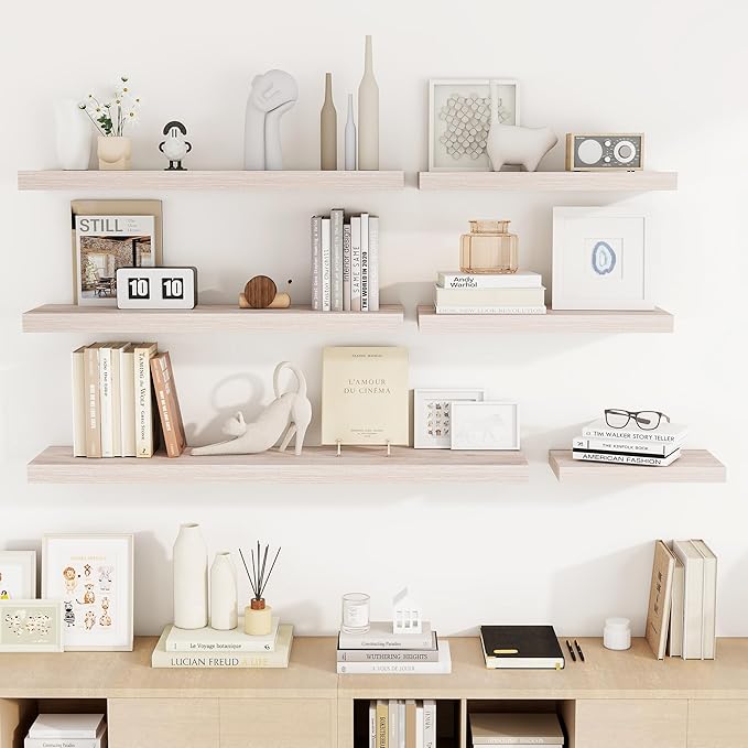 48 Inch Floating Shelves, 3D Textured Wood Grain, 48"x9.25"x1.5" Inch Deep Floating Shelves for Wall, Wooden Shelves for Bathroom, Bedroom, Living Room, Washed White, 1 Piece