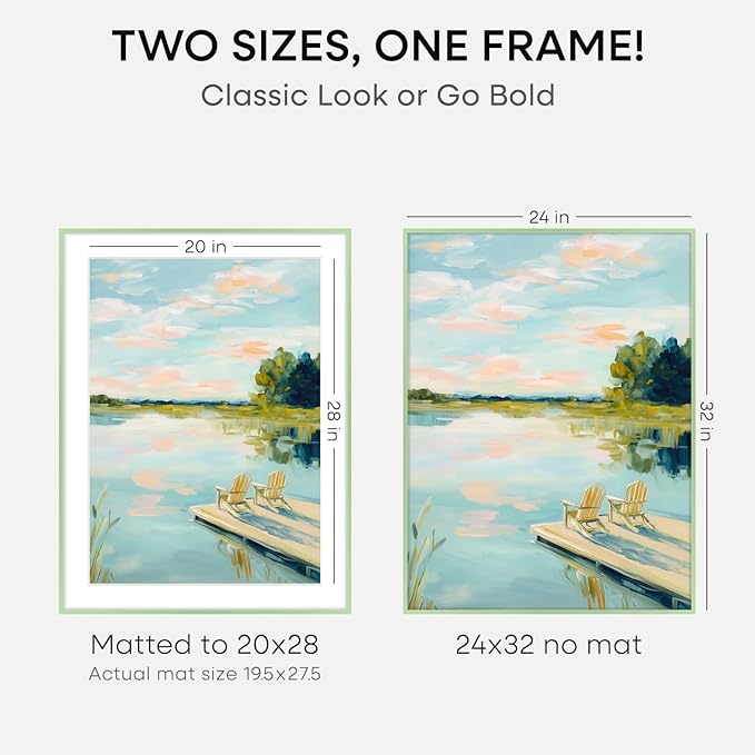 Homeforia 24x32 Sage Green Picture Frame, High End Metal 24x32 Poster Frames with Mat 20x28 inch Photo, 24 x 32 Thin Frame Matted to 20 x 28 Art, 32x24 Large Frames, Tempered Glass, Wall Kit, Set of 2