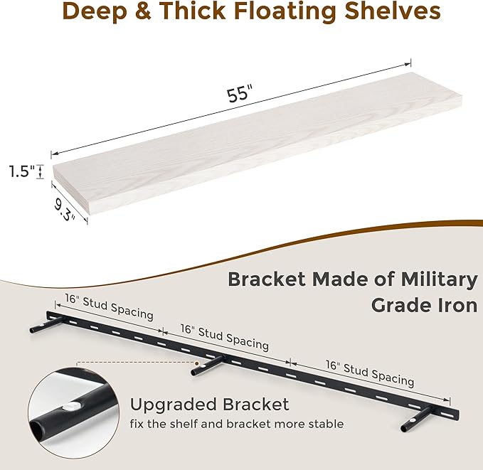 Fun Memories 55 Inch Long Floating Shelves for Wall, 55x9.3 Large Floating Shelf for Bedroom, Kitchen, Bathroom, Wall Mounted Rustic Wood Shelves with Invisible Bracket for Books, Decor, Brich
